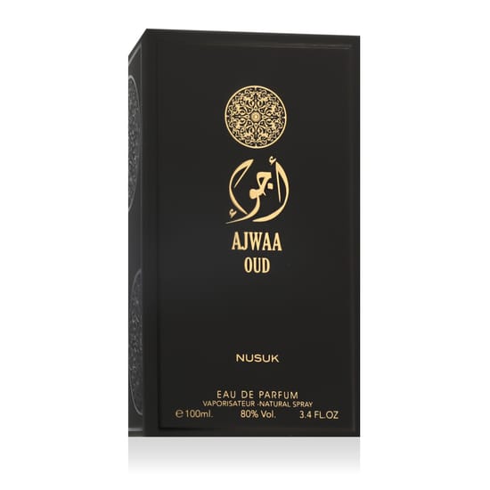 Оригинальная упаковка Nusuk Ajwaa Oud Black EDP Бутылка Nusuk Ajwaa Oud Black EDP вблизи