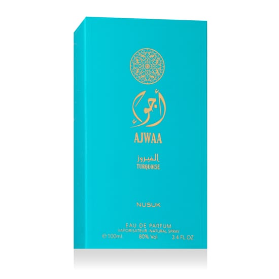 Originaalpakend Nusuk Ajwaa Turquoise EDP 100 ml Nusuk Ajwaa Turquoise EDP pudel lähedalt, tähistades peenet disaini
