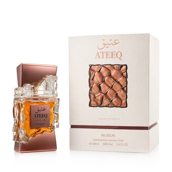 Original packaging of Nusuk Ateeq EP Close-up of Nusuk Ateeq EP bottle