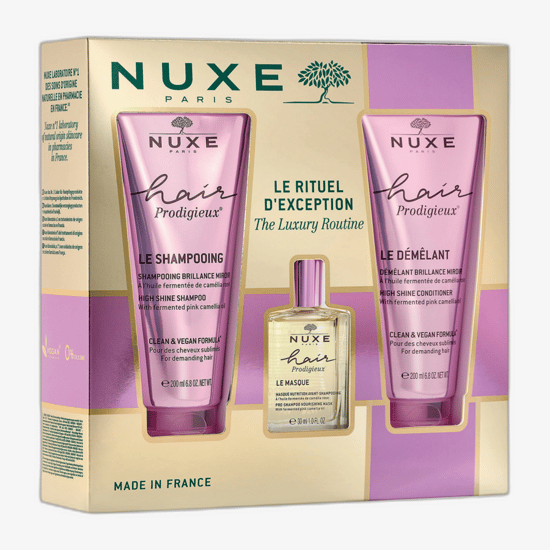 Nuxe Hair Prodigieux My Luxury Haircare Routine set displayed elegantly on a neutral background