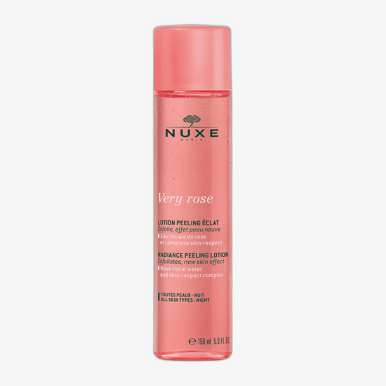 Bottle of Nuxe Very Rose Refreshing Tonic Lotion with a pink hue