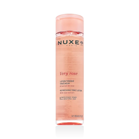 Bottle of Nuxe Very Rose Refreshing Tonic Lotion with a pink hue