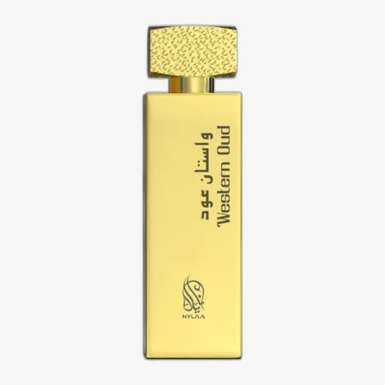 Nylaa Western Oud EDP originaalpakend Nylaa Western Oud EDP parfüümi pudel lähedalt