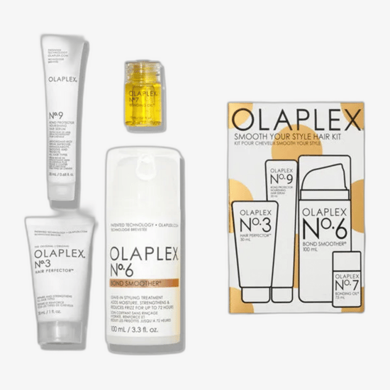 Olaplex Smooth Your Style Hair Kit pakend ja tootele lähedalt vaade