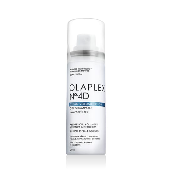 Close-up of Olaplex No.4D Clean Volume Detox Dry Shampoo bottle