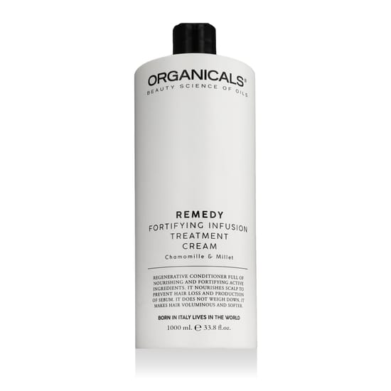 Organicals® REMEDY Fortifying Infusion Treatment Cream 1000 ml detailvaade, juuksekreemi tekstuur, kasutuses juustel
