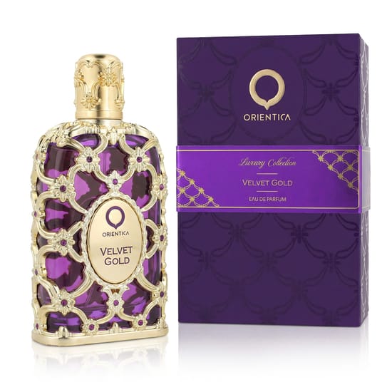Orientica Velvet Gold EDP – elegant perfume bottle in gold tones