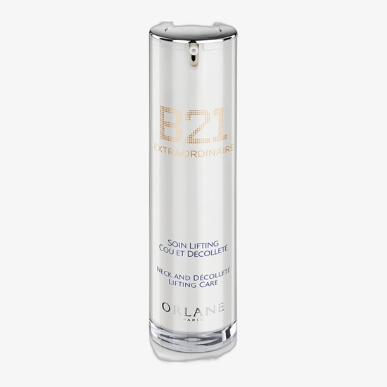 Close-up of orlane b21 extraordinaire neck and décolleté lifting care packaging