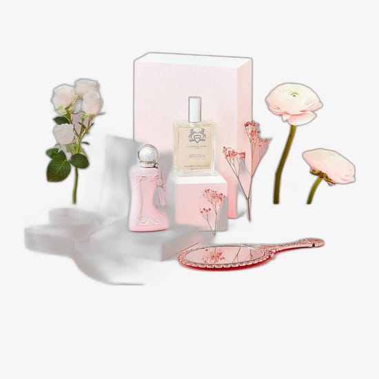 Original packaging of Parfums de Marly Delina Scented Body Oil Elegant bottle of Parfums de Marly Delina Scented Body Oil