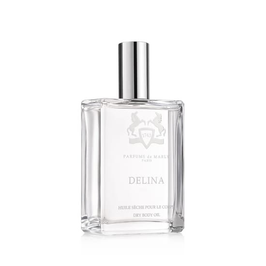 Original packaging of Parfums de Marly Delina Scented Body Oil Elegant bottle of Parfums de Marly Delina Scented Body Oil
