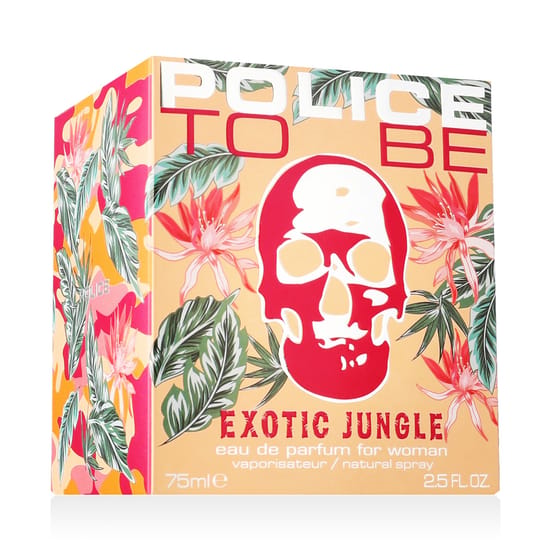 Elegant bottle of Police To Be Exotic Jungle for Woman Eau de Parfum, showcasing its vibrant aura
