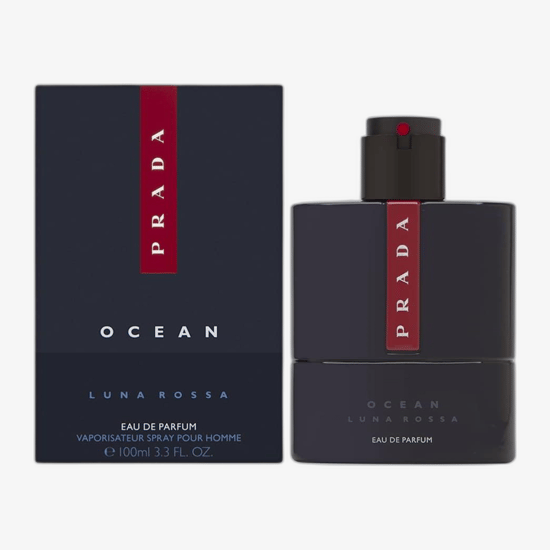 Minimalist, sleek bottle of Prada Luna Rossa Ocean Parfum