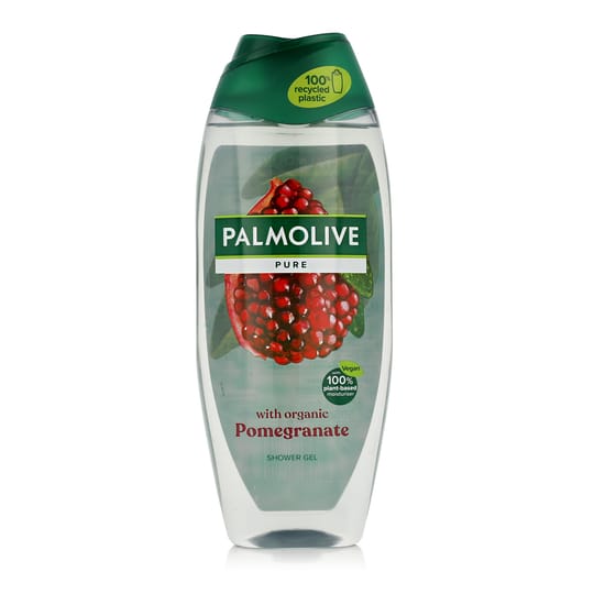 Palmolive puhas granaatõuna dušigeeli pudel valgel taustal