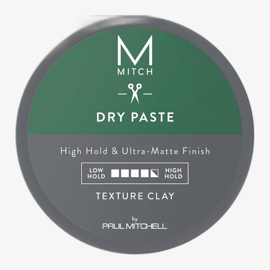 Original Paul Mitchell Mitch Dry Paste Texture Clay product Close-up of Paul Mitchell Mitch Dry Paste Texture Clay packaging