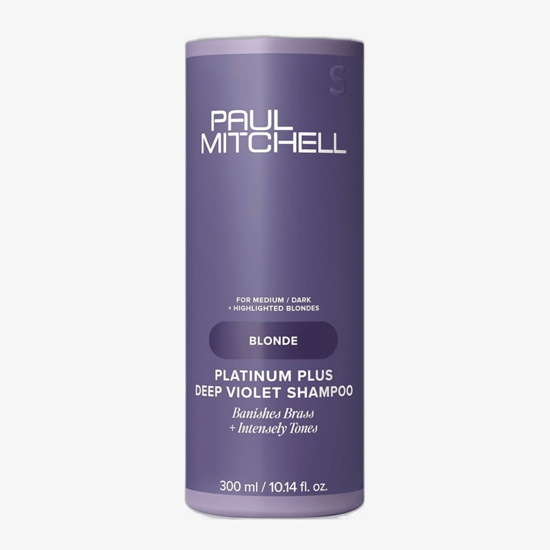 Paul Mitchell Platinum Plus Shampoo pudel minimalistlikul taustal, šampooni lähedalt vaates