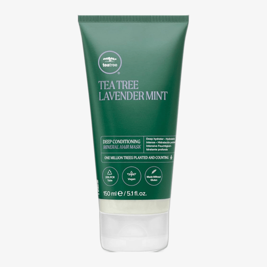 Original packaging of Paul Mitchell Tea Tree Lavender Mint Hair Mask Close-up of Paul Mitchell Tea Tree Lavender Mint Deep Conditioning Hair Mask