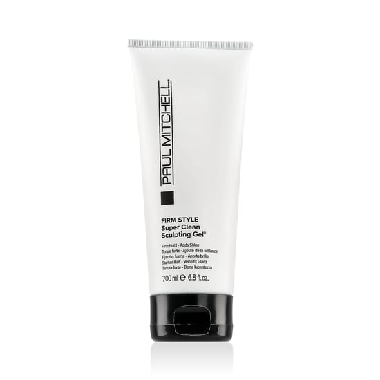 Крупный план бутылки Paul Mitchell FirmStyle Super Clean Sculpting Gel на светлом фоне, акцент на текстуре геля