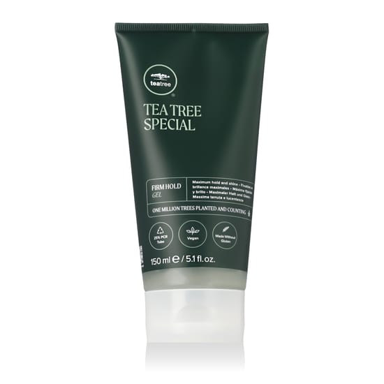 Close-up view of Paul Mitchell Tea Tree Special Firm Hold Gel bottle emphasising unisex use and clean style