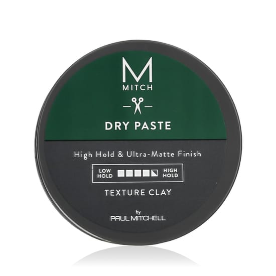Original Paul Mitchell Mitch Dry Paste Texture Clay product Close-up of Paul Mitchell Mitch Dry Paste Texture Clay packaging