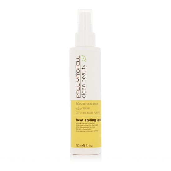 Close-up of Paul Mitchell Clean Beauty Heat Styling Spray bottle