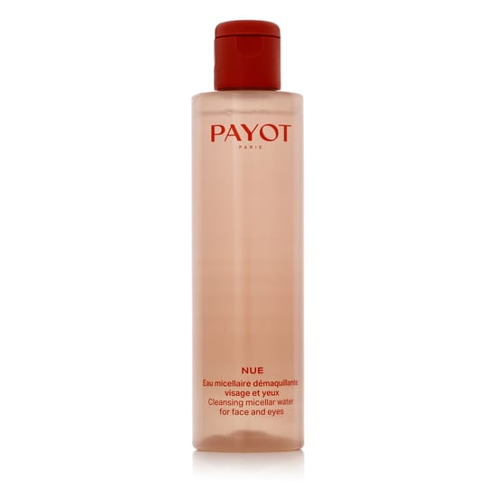 Bottle of payot nue cleansing micellar water on a white background