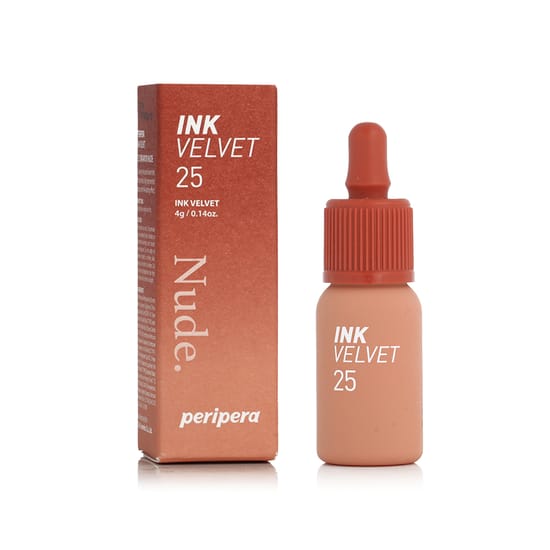 Original packaging of Peripera Ink Velvet Liquid Lipstick Close-up of Peripera Ink Velvet Liquid Lipstick in Cinnamon Nude