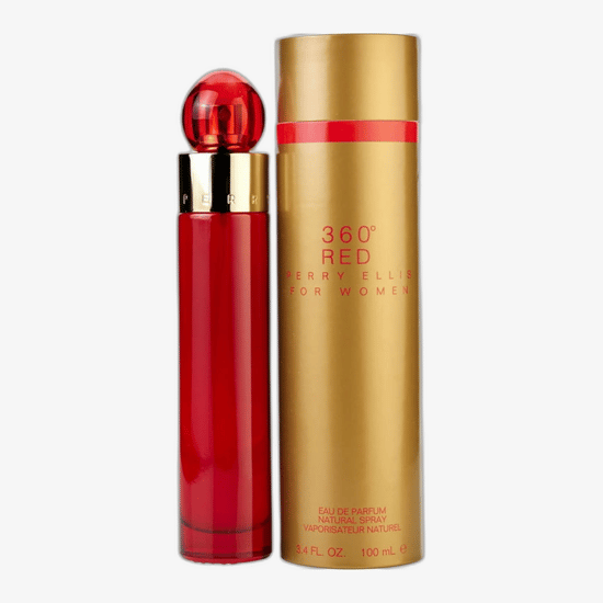 Bottle of Perry Ellis 360° Red EDP with a vibrant design