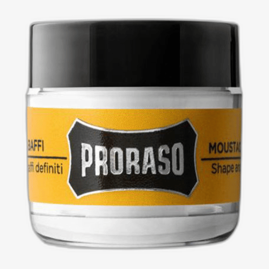 Close-up of Proraso Wood and Spice Moustache Wax packaging