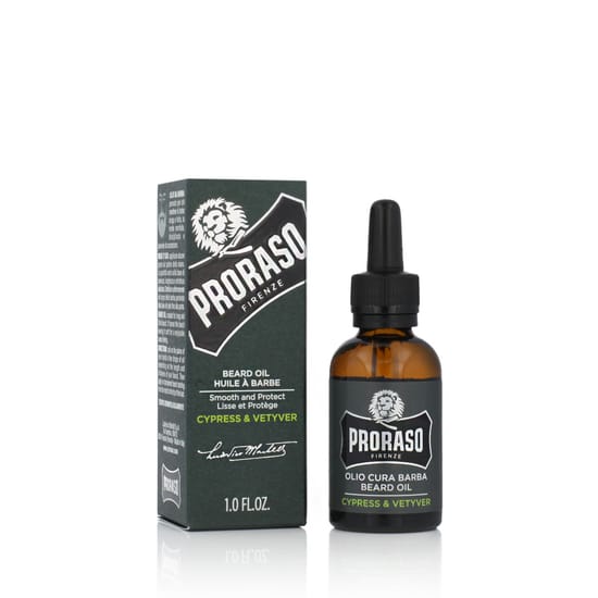 Bottle of Proraso Cypress & Vetyver Beard Oil on a Wooden Surface