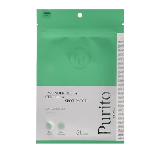 Крупный план прозрачных патчей Purito Wonder Releaf Centella Spot Patch Упаковка Purito Wonder Releaf Centella Spot Patch, Прозрачные патчи для акне