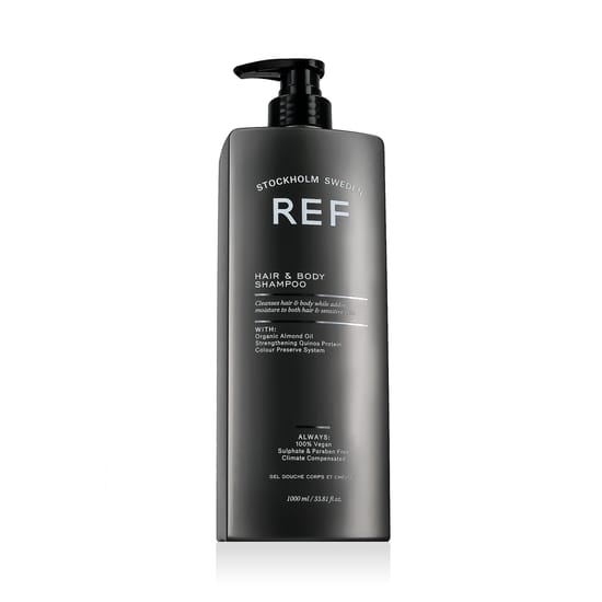 Ref hair & body shampoo bottle close-up