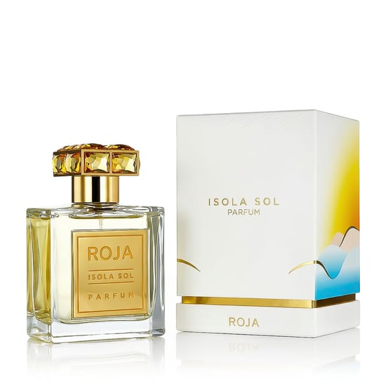 Elegant bottle of Isola Sol Parfum emitting a soft, sunlit glow
