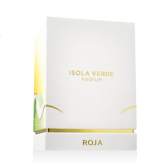 Original Roja Parfums Isola Verde Parfum packaging Close-up view of Roja Parfums Isola Verde Parfum bottle