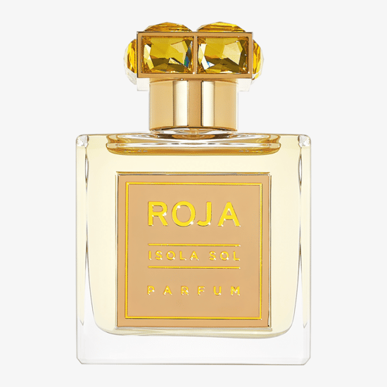 Elegant bottle of Isola Sol Parfum emitting a soft, sunlit glow