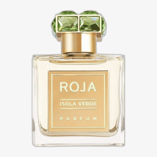 Original Roja Parfums Isola Verde Parfum packaging Close-up view of Roja Parfums Isola Verde Parfum bottle