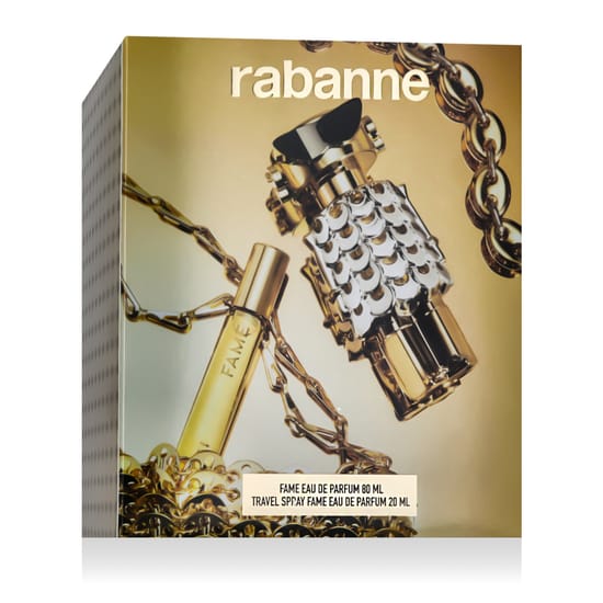Стильная упаковка парфюма Rabanne Fame EDP Утончённый флакон Rabanne Fame EDP с лаконичным дизайном