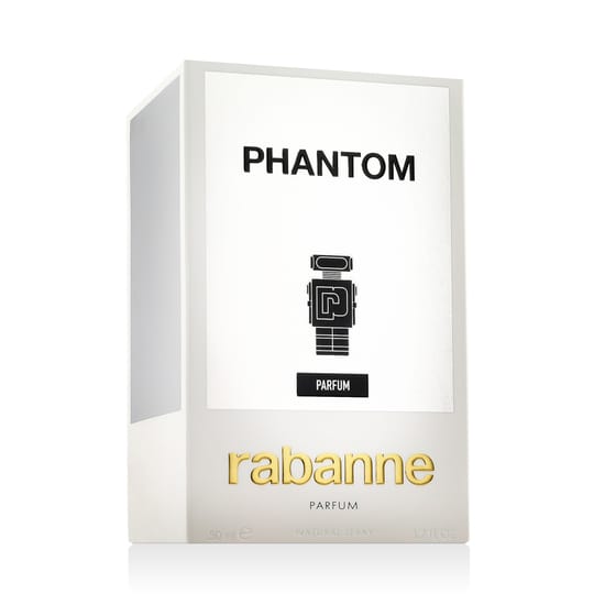 Original packaging of Rabanne Phantom Parfum Close-up of Rabanne Phantom Parfum bottle