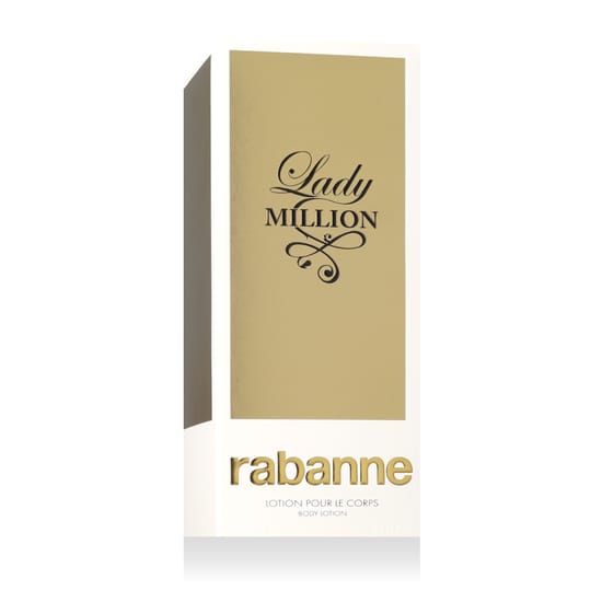 Close-up of Rabanne Lady Million Body Lotion packaging