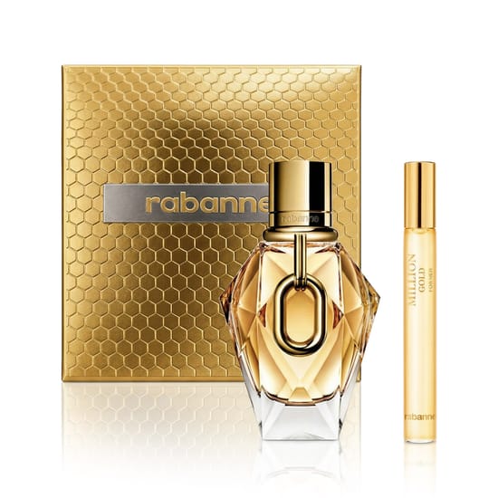 Rafineeritud ja elegantne pakend Rabanne Million Gold For Her EDP naiste lõhnakomplektile
