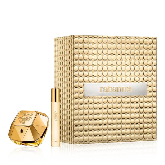 Premium duo set of Rabanne Lady Million EDP bottles reflecting luxury and modern femininity