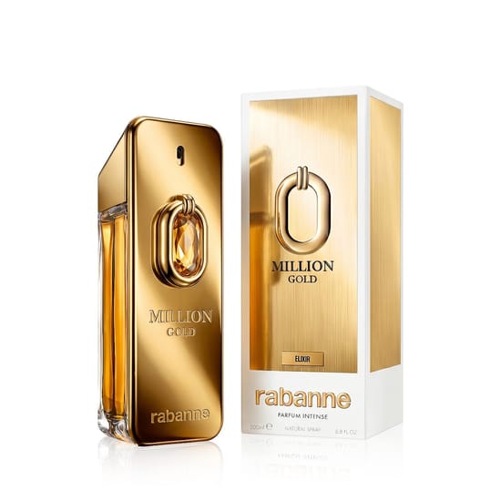 Sophisticated bottle of Rabanne Million Gold Elixir Parfum Intense