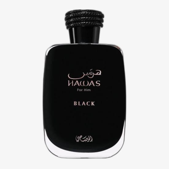 Detailne lähivõte Rasasi Hawas Black EDP pudelist, mida iseloomustab modernne ja minimalistlik disain