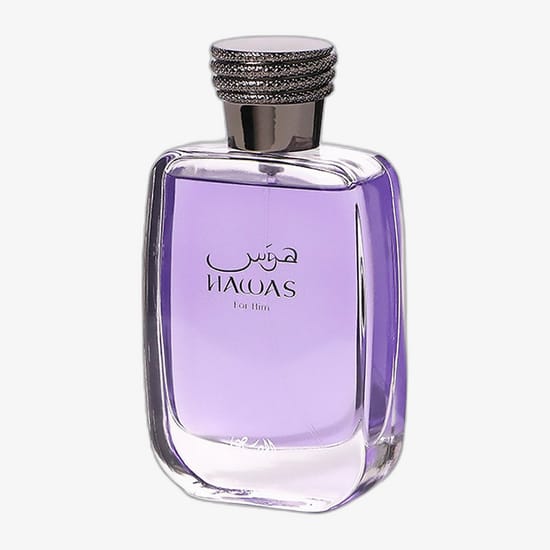 Details of Rasasi Hawas For Him EDP spray sample packaging Close-up of Rasasi Hawas For Him EDP spray sample bottle