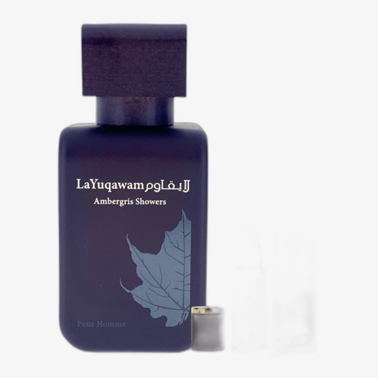 Close-up of Rasasi La Yuqawam Ambergris Showers EDP spray sample