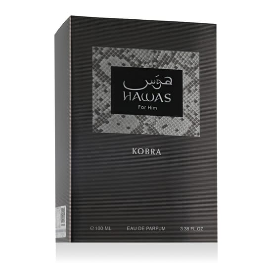 Original packaging of Rasasi Hawas Kobra EDP Close-up of Rasasi Hawas Kobra EDP perfume bottle
