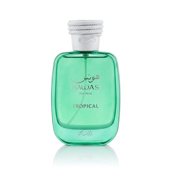 Perfume Rasasi Hawas Tropical EDP in original packaging Bottle of Rasasi Hawas Tropical EDP with a tropical scent