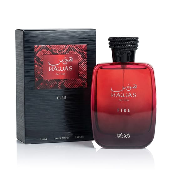 Original packaging of Rasasi Hawas Fire EDP Bottle of Rasasi Hawas Fire EDP with a unique design