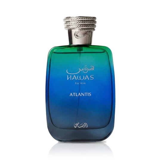 Original packaging of Rasasi Hawas Atlantis EDP Close-up of Rasasi Hawas Atlantis EDP perfume bottle