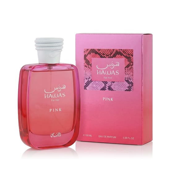 Refined pink bottle of Rasasi Hawas Pink For Her EDP reflecting modern femininity