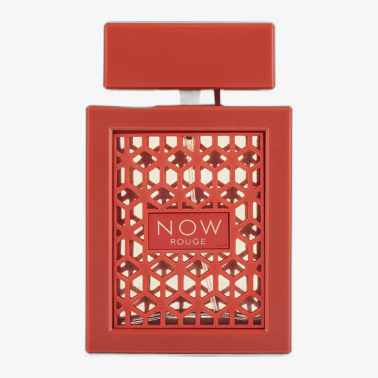 Original packaging of Rave Now Rouge EDP Close-up of Rave Now Rouge EDP perfume bottle